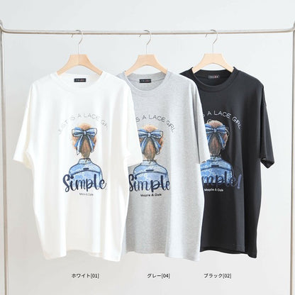 【M〜L】立体リボン×刺繍ガールプリントTシャツ｜ゆったりサイズ×綿混×3色展開（N12-627）