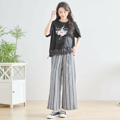 M～L チェック＆レースライン ワイドパンツ ウエストゴム ポケット付 レディース ボトムス 綿 夏/ブラック 黒可/N53-025