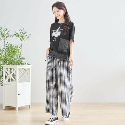 M～L チェック＆レースライン ワイドパンツ ウエストゴム ポケット付 レディース ボトムス 綿 夏/ブラック 黒可/N53-025