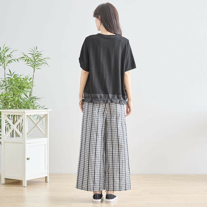 M～L チェック＆レースライン ワイドパンツ ウエストゴム ポケット付 レディース ボトムス 綿 夏/ブラック 黒可/N53-025