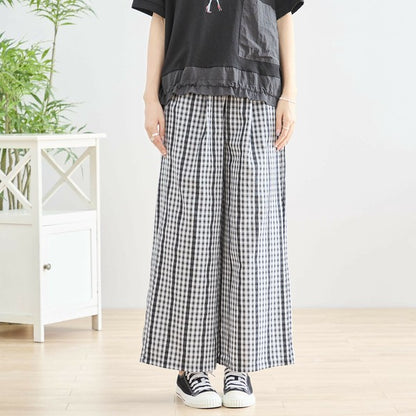 M～L チェック＆レースライン ワイドパンツ ウエストゴム ポケット付 レディース ボトムス 綿 夏/ブラック 黒可/N53-025