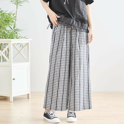 M～L チェック＆レースライン ワイドパンツ ウエストゴム ポケット付 レディース ボトムス 綿 夏/ブラック 黒可/N53-025