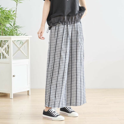 M～L チェック＆レースライン ワイドパンツ ウエストゴム ポケット付 レディース ボトムス 綿 夏/ブラック 黒可/N53-025