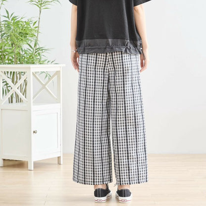 M～L チェック＆レースライン ワイドパンツ ウエストゴム ポケット付 レディース ボトムス 綿 夏/ブラック 黒可/N53-025