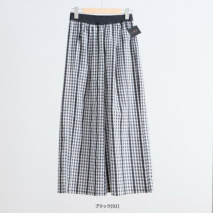 M～L チェック＆レースライン ワイドパンツ ウエストゴム ポケット付 レディース ボトムス 綿 夏/ブラック 黒可/N53-025