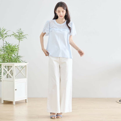 【M〜L】レース袖が映えるコットンTシャツ｜上品透け感＆伸縮・N12-648 TRUBE