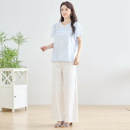 【M〜L】レース袖が映えるコットンTシャツ｜上品透け感＆伸縮・N12-648 TRUBE