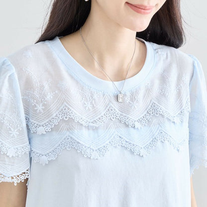 【M〜L】レース袖が映えるコットンTシャツ｜上品透け感＆伸縮・N12-648 TRUBE