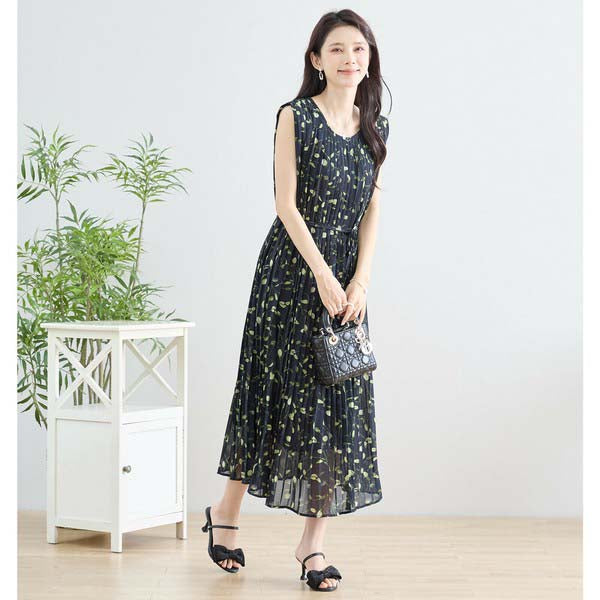 【M〜L】プリーツ リーフ柄 ロング ワンピース ノースリーブ(N82-293A)