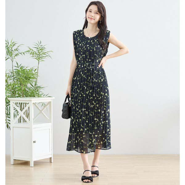 【M〜L】プリーツ リーフ柄 ロング ワンピース ノースリーブ(N82-293A)