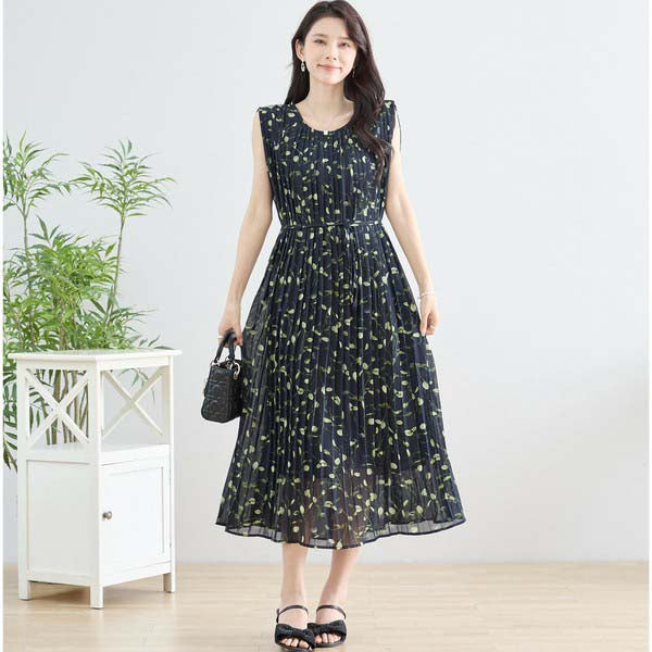 【M〜L】プリーツ リーフ柄 ロング ワンピース ノースリーブ(N82-293A)