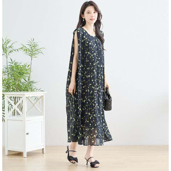 【M〜L】プリーツ リーフ柄 ロング ワンピース ノースリーブ(N82-293A)