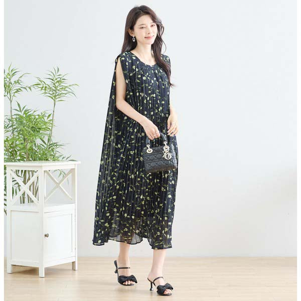 【M〜L】プリーツ リーフ柄 ロング ワンピース ノースリーブ(N82-293A)