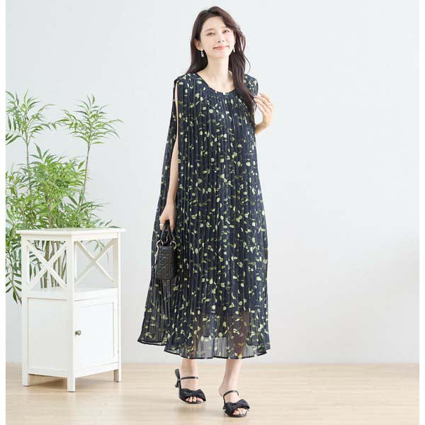 【M〜L】プリーツ リーフ柄 ロング ワンピース ノースリーブ(N82-293A)