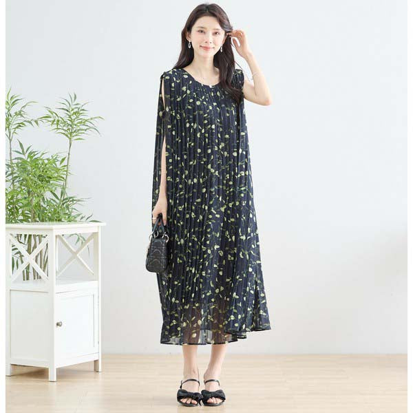 【M〜L】プリーツ リーフ柄 ロング ワンピース ノースリーブ(N82-293A)