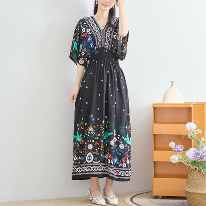 ワンピース M~L フラワー柄 Vネック ウエストシャーリング ロング ワンピ レディース 夏 リゾート 半袖/C38-1156A