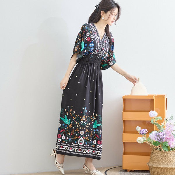 ワンピース M~L フラワー柄 Vネック ウエストシャーリング ロング ワンピ レディース 夏 リゾート 半袖/C38-1156A