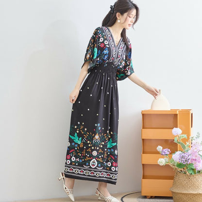 ワンピース M~L フラワー柄 Vネック ウエストシャーリング ロング ワンピ レディース 夏 リゾート 半袖/C38-1156A