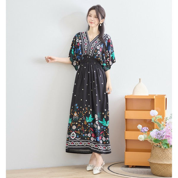 ワンピース M~L フラワー柄 Vネック ウエストシャーリング ロング ワンピ レディース 夏 リゾート 半袖/C38-1156A