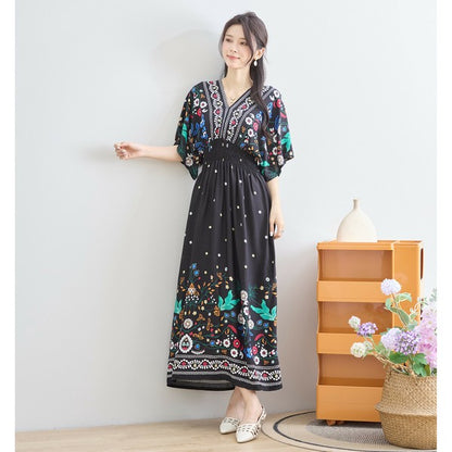 ワンピース M~L フラワー柄 Vネック ウエストシャーリング ロング ワンピ レディース 夏 リゾート 半袖/C38-1156A