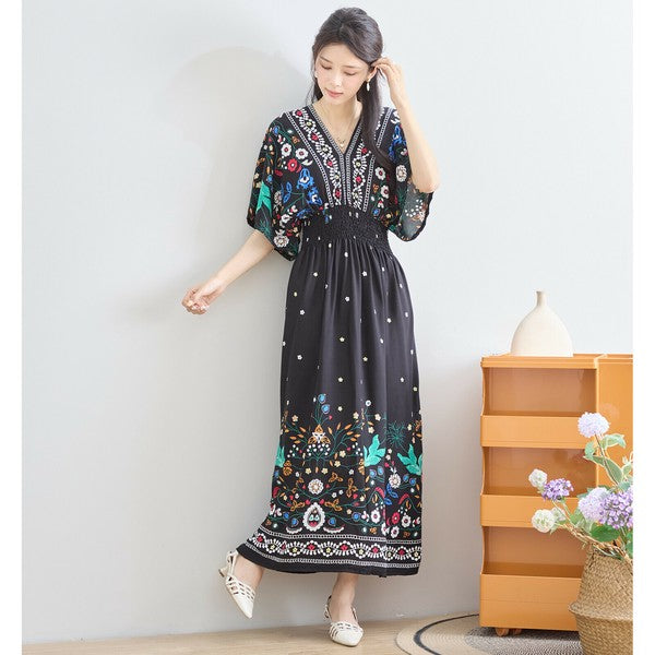 ワンピース M~L フラワー柄 Vネック ウエストシャーリング ロング ワンピ レディース 夏 リゾート 半袖/C38-1156A
