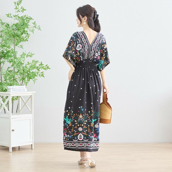 ワンピース M~L フラワー柄 Vネック ウエストシャーリング ロング ワンピ レディース 夏 リゾート 半袖/C38-1156A
