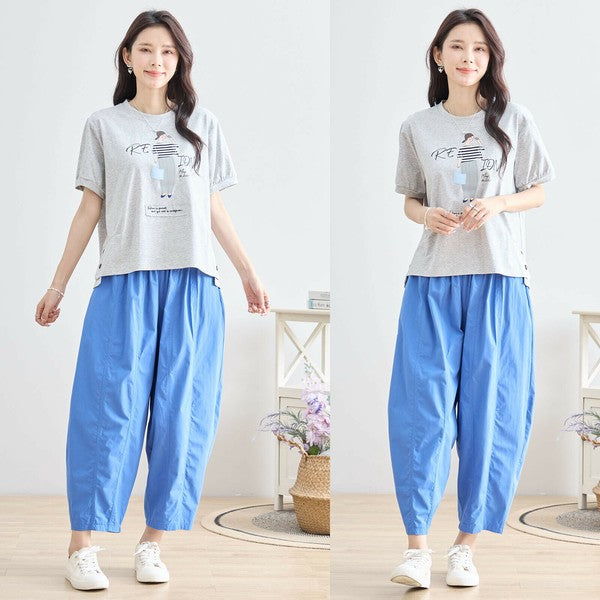 【M〜L】綿混・ガールグラフィックTシャツ｜サイドボタン・半袖・カジュアル・N12-655
