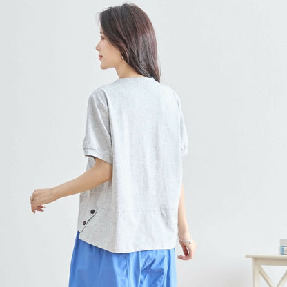 【M〜L】綿混・ガールグラフィックTシャツ｜サイドボタン・半袖・カジュアル・N12-655