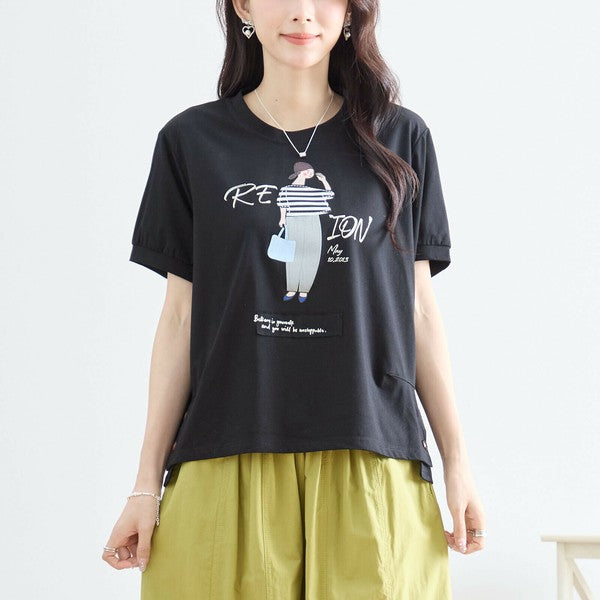 【M〜L】綿混・ガールグラフィックTシャツ｜サイドボタン・半袖・カジュアル・N12-655