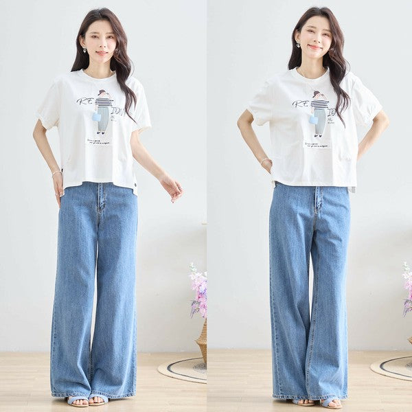 【M〜L】綿混・ガールグラフィックTシャツ｜サイドボタン・半袖・カジュアル・N12-655