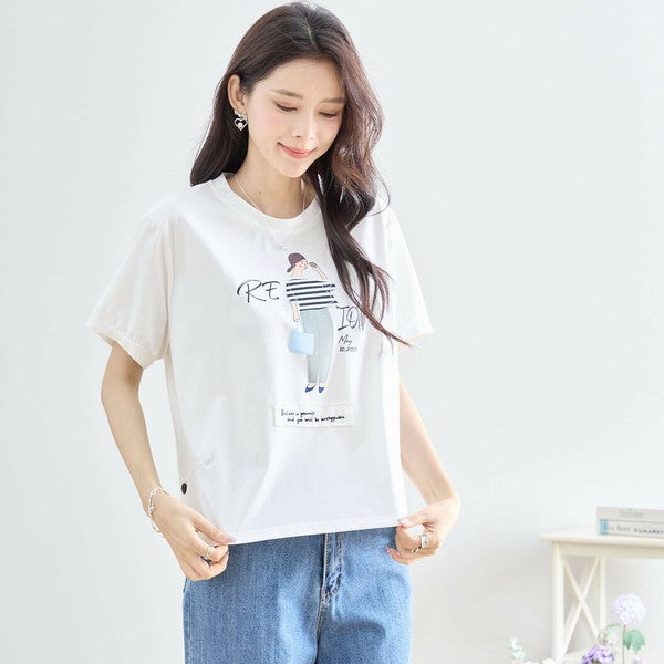 【M〜L】綿混・ガールグラフィックTシャツ｜サイドボタン・半袖・カジュアル・N12-655