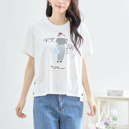 【M〜L】綿混・ガールグラフィックTシャツ｜サイドボタン・半袖・カジュアル・N12-655