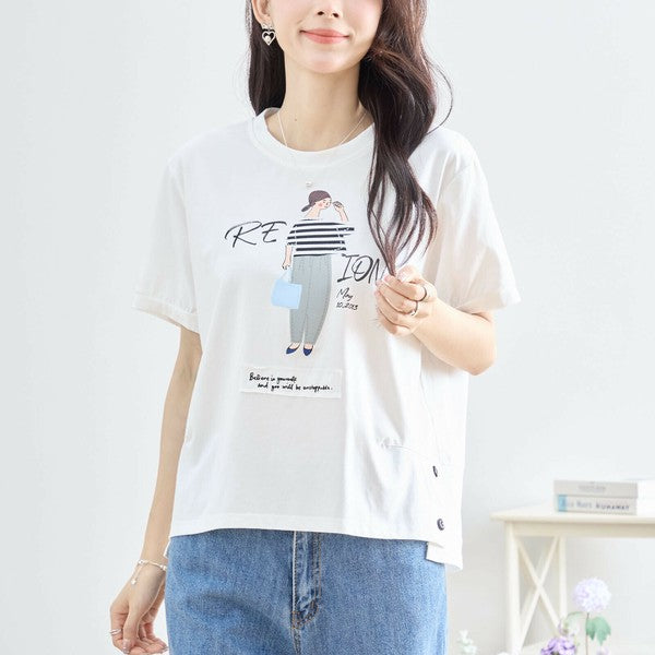 【M〜L】綿混・ガールグラフィックTシャツ｜サイドボタン・半袖・カジュアル・N12-655