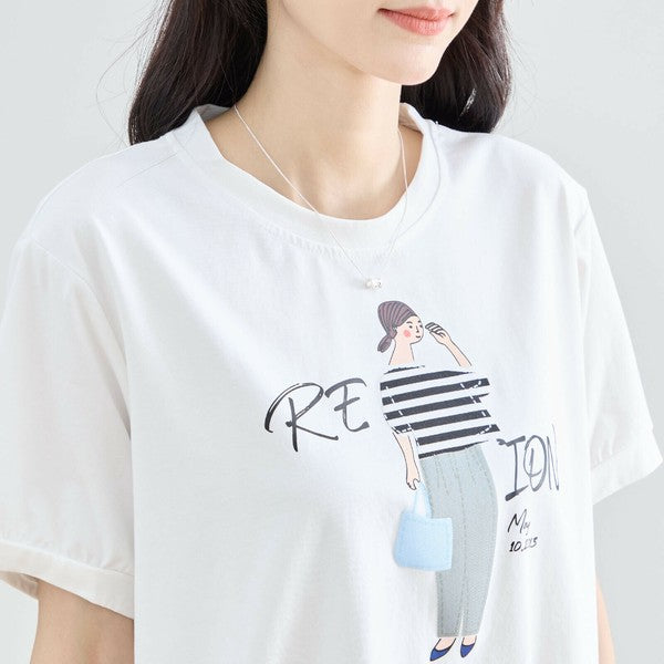 【M〜L】綿混・ガールグラフィックTシャツ｜サイドボタン・半袖・カジュアル・N12-655