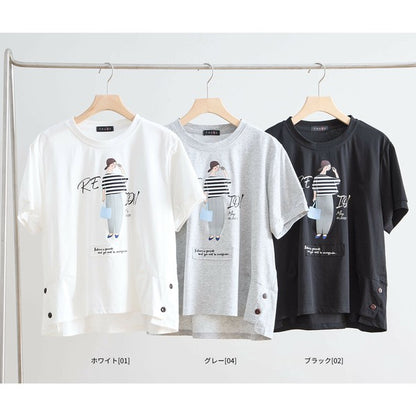 【M〜L】綿混・ガールグラフィックTシャツ｜サイドボタン・半袖・カジュアル・N12-655