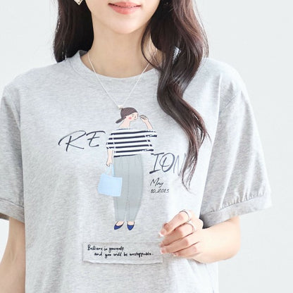 【M〜L】綿混・ガールグラフィックTシャツ｜サイドボタン・半袖・カジュアル・N12-655