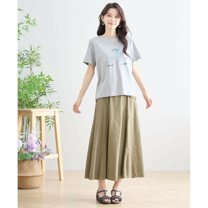 【M〜L】綿ストレッチ ゾウモチーフ刺繍Tシャツ｜半袖カットソー・大人可愛い夏トップス・TRUBE N12-603