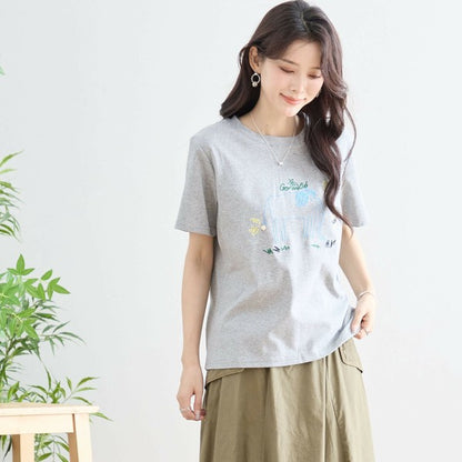 【M〜L】綿ストレッチ ゾウモチーフ刺繍Tシャツ｜半袖カットソー・大人可愛い夏トップス・TRUBE N12-603