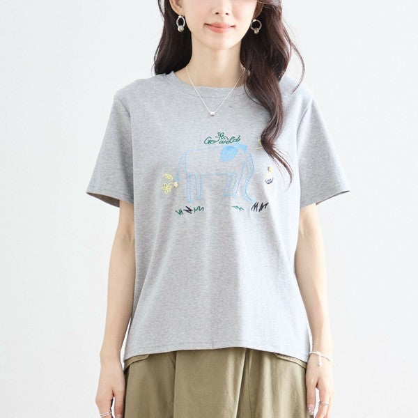 【M〜L】綿ストレッチ ゾウモチーフ刺繍Tシャツ｜半袖カットソー・大人可愛い夏トップス・TRUBE N12-603