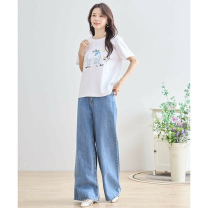 【M〜L】綿ストレッチ ゾウモチーフ刺繍Tシャツ｜半袖カットソー・大人可愛い夏トップス・TRUBE N12-603