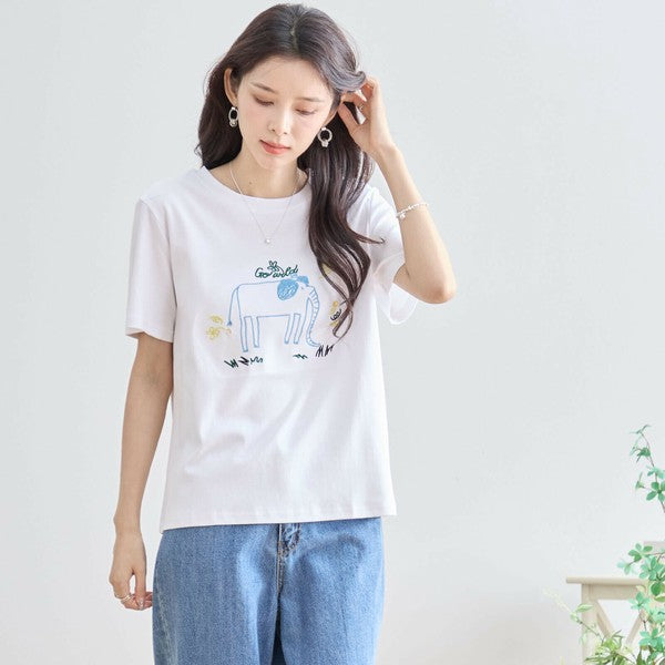 【M〜L】綿ストレッチ ゾウモチーフ刺繍Tシャツ｜半袖カットソー・大人可愛い夏トップス・TRUBE N12-603