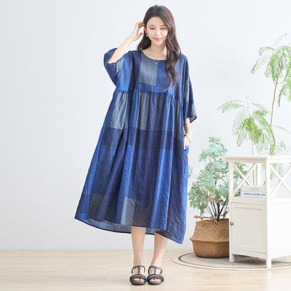 【L〜LL】ブルーブロックチェックコットンワンピース｜体型カバー＆涼やか素材で夏も快適（N82-267A）