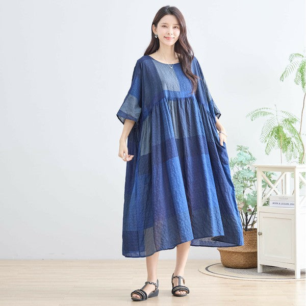 【L〜LL】ブルーブロックチェックコットンワンピース｜体型カバー＆涼やか素材で夏も快適（N82-267A）