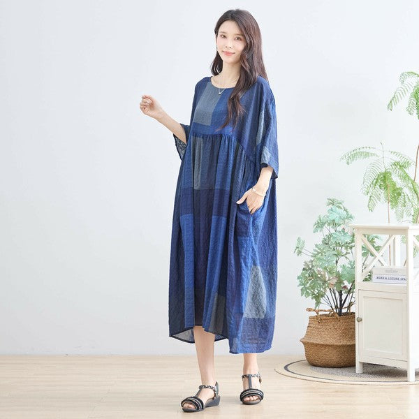 【L〜LL】ブルーブロックチェックコットンワンピース｜体型カバー＆涼やか素材で夏も快適（N82-267A）