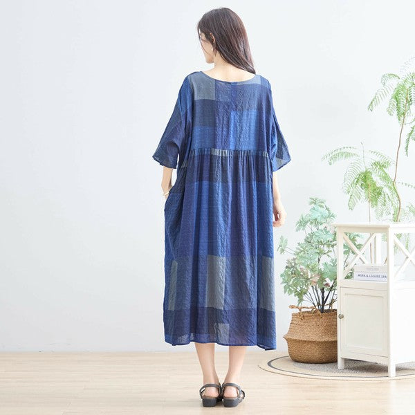 【L〜LL】ブルーブロックチェックコットンワンピース｜体型カバー＆涼やか素材で夏も快適（N82-267A）