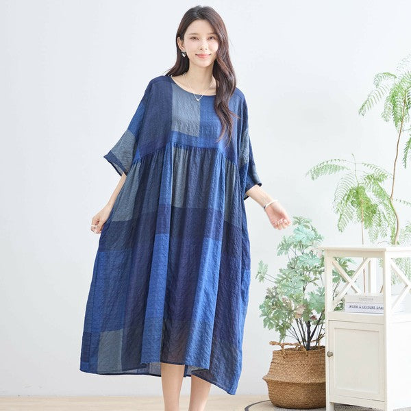 【L〜LL】ブルーブロックチェックコットンワンピース｜体型カバー＆涼やか素材で夏も快適（N82-267A）