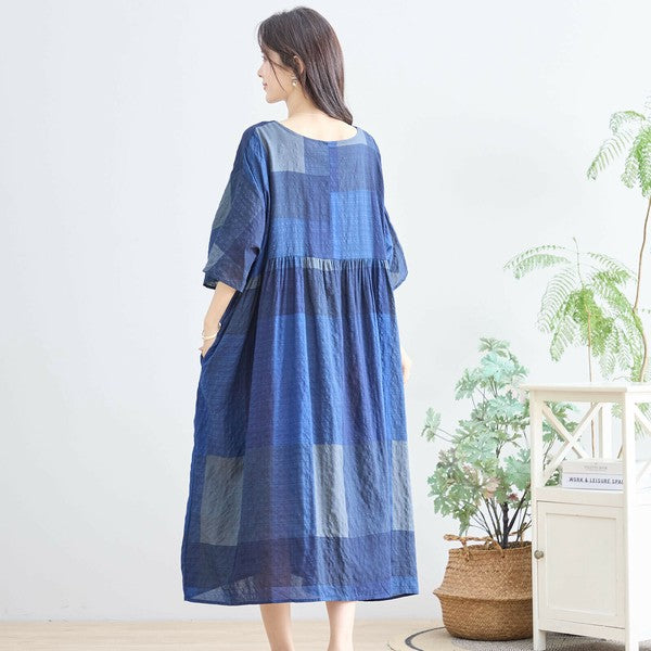 【L〜LL】ブルーブロックチェックコットンワンピース｜体型カバー＆涼やか素材で夏も快適（N82-267A）