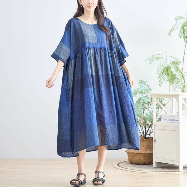 【L〜LL】ブルーブロックチェックコットンワンピース｜体型カバー＆涼やか素材で夏も快適（N82-267A）