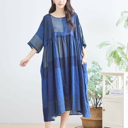 【L〜LL】ブルーブロックチェックコットンワンピース｜体型カバー＆涼やか素材で夏も快適（N82-267A）