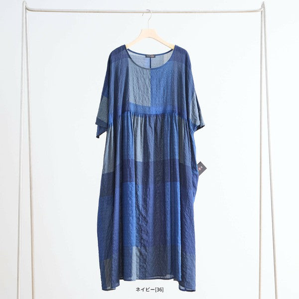 【L〜LL】ブルーブロックチェックコットンワンピース｜体型カバー＆涼やか素材で夏も快適（N82-267A）